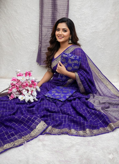 Pure Viscose Chinon Saree With Viscose contrast Blouse