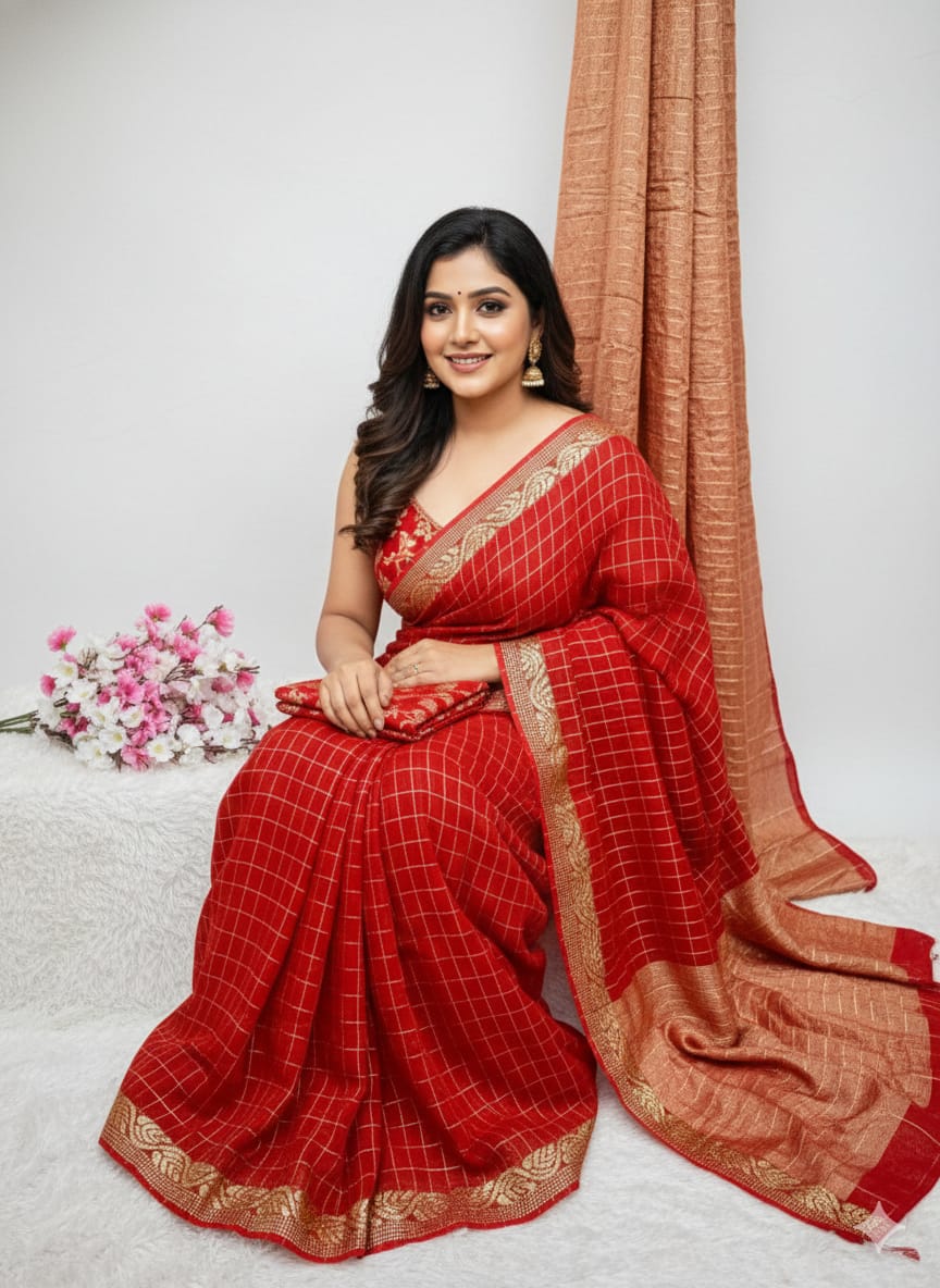 Pure Viscose Chinon Saree With Viscose contrast Blouse