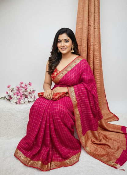 Pure Viscose Chinon Saree With Viscose contrast Blouse