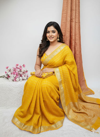 Pure Viscose Chinon Saree With Viscose contrast Blouse