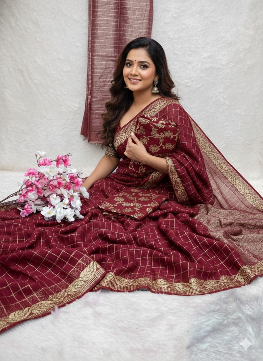 Pure Viscose Chinon Saree With Viscose contrast Blouse