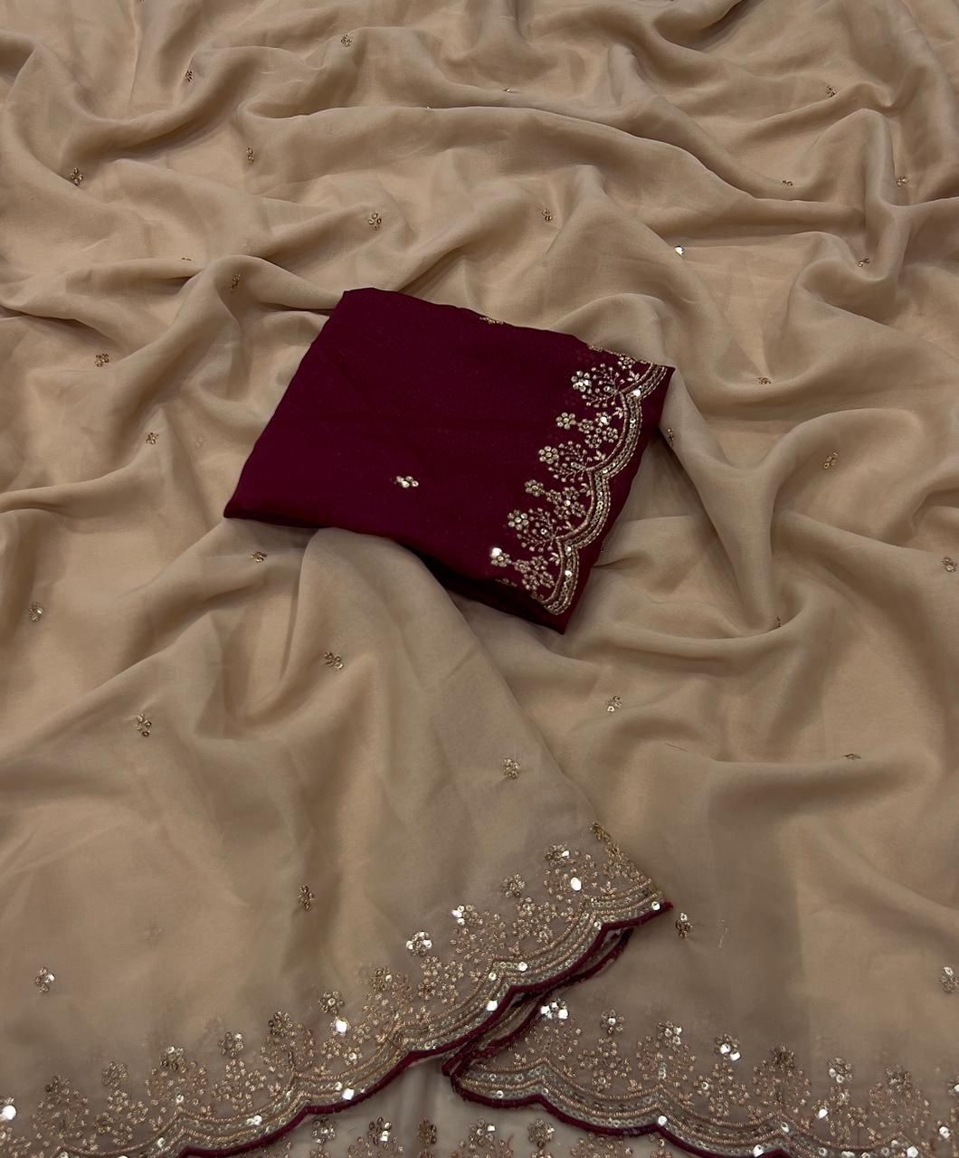 Star Georgette Multi Sequence Emrodairy Work Saree With Running Blouse