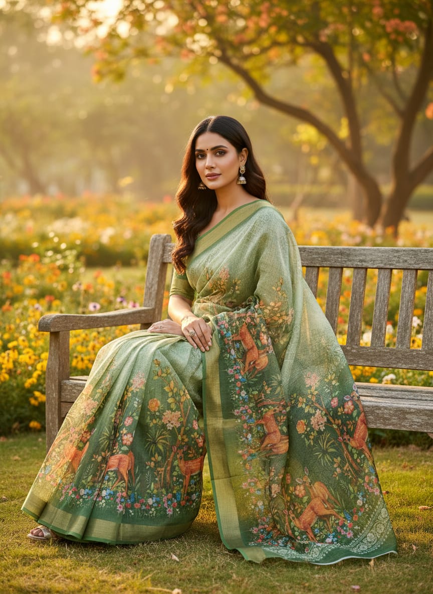 linen saree features a lush green base with intricate deer