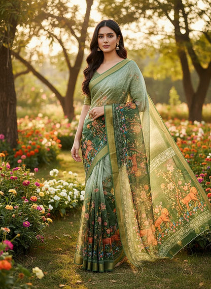 linen saree features a lush green base with intricate deer
