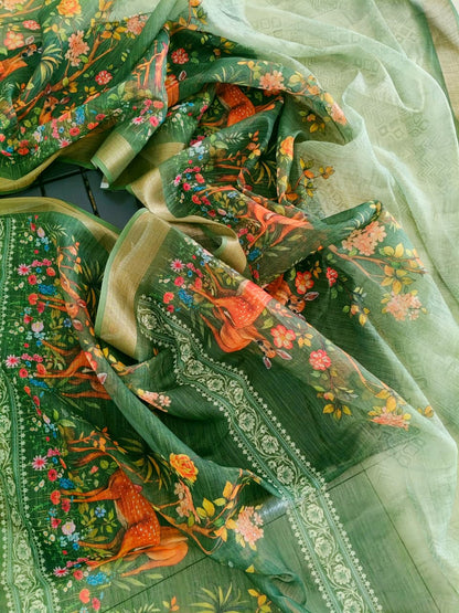 linen saree features a lush green base with intricate deer