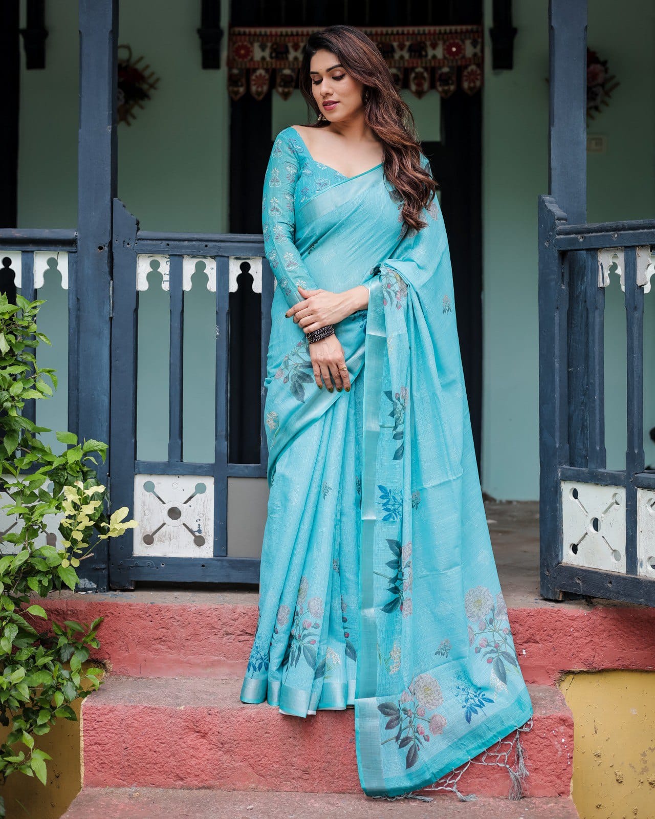 Vibrant Aqua Blue Floral Print Premium Linen Cotton Saree