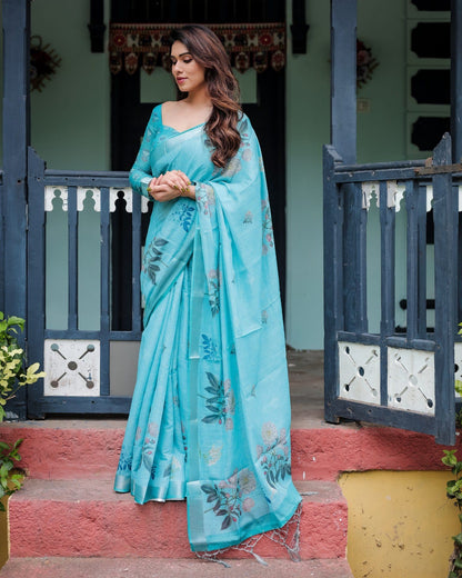 Vibrant Aqua Blue Floral Print Premium Linen Cotton Saree