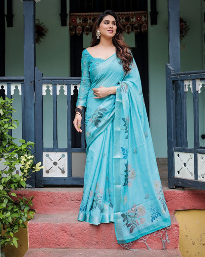 Vibrant Aqua Blue Floral Print Premium Linen Cotton Saree
