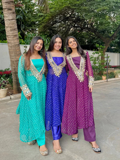 Designer Mirror Work Anarkali Suit Set for Women – Georgette Fabric | Available in Mehendi Green, Royal Blue, Black & Wine Purple