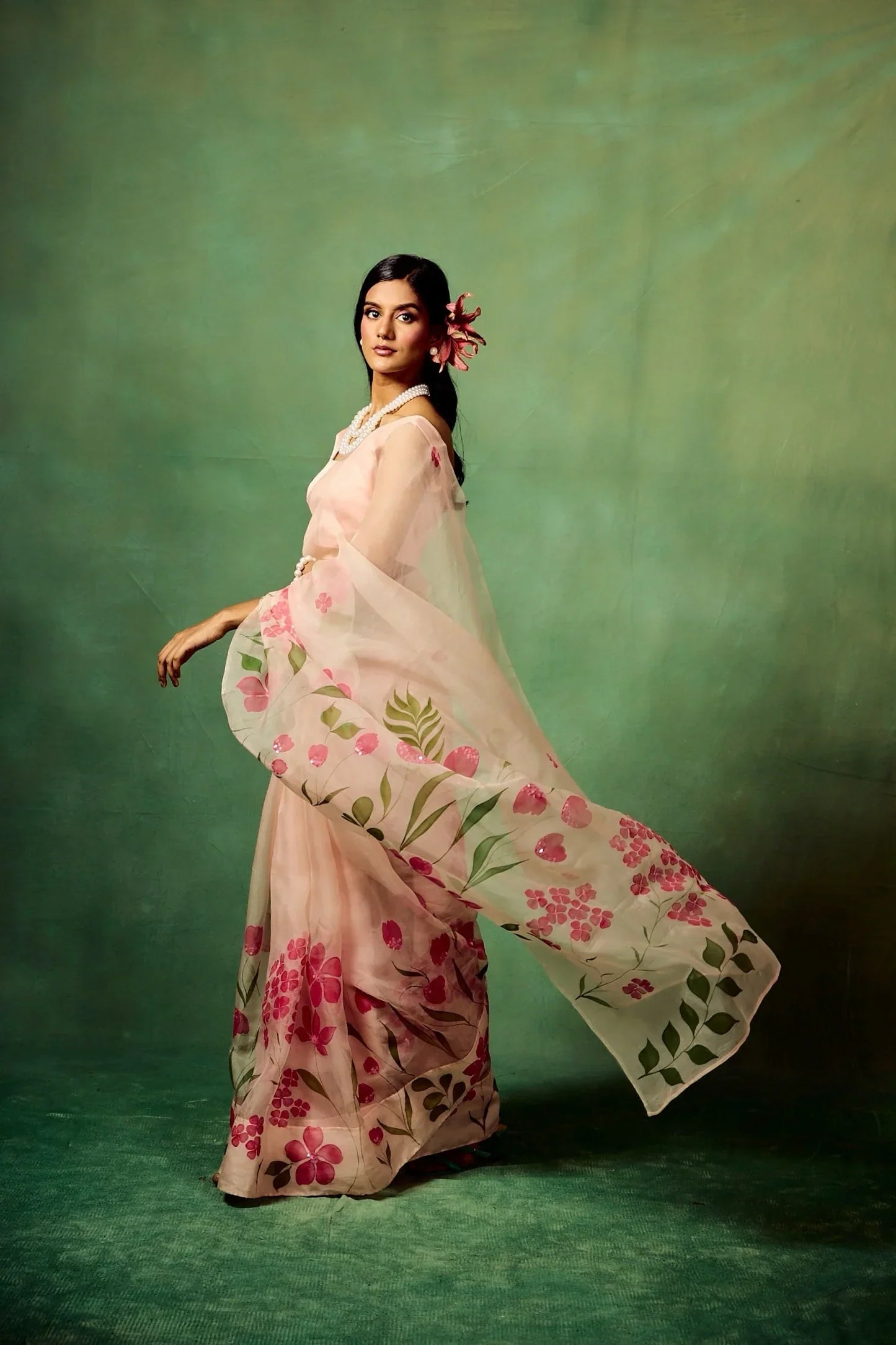 Blush Pink Pure Organza Saree with Hand-Painted White Floral Motifs and Sequin Detailing