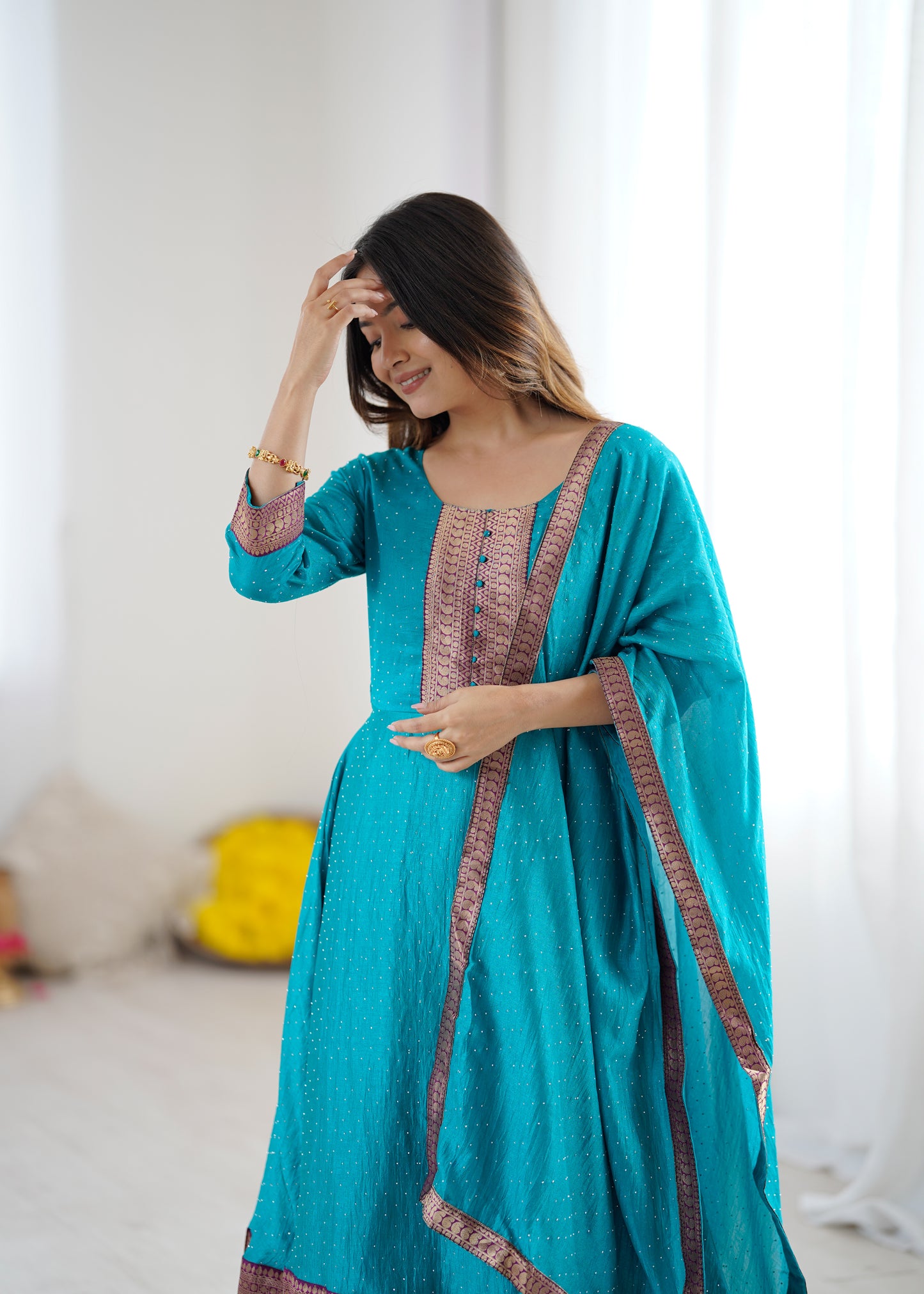 Premium Quality Sky Blue Bluming Vichitra fabric with Jacquard Weaving Lace Border Duptta Gown