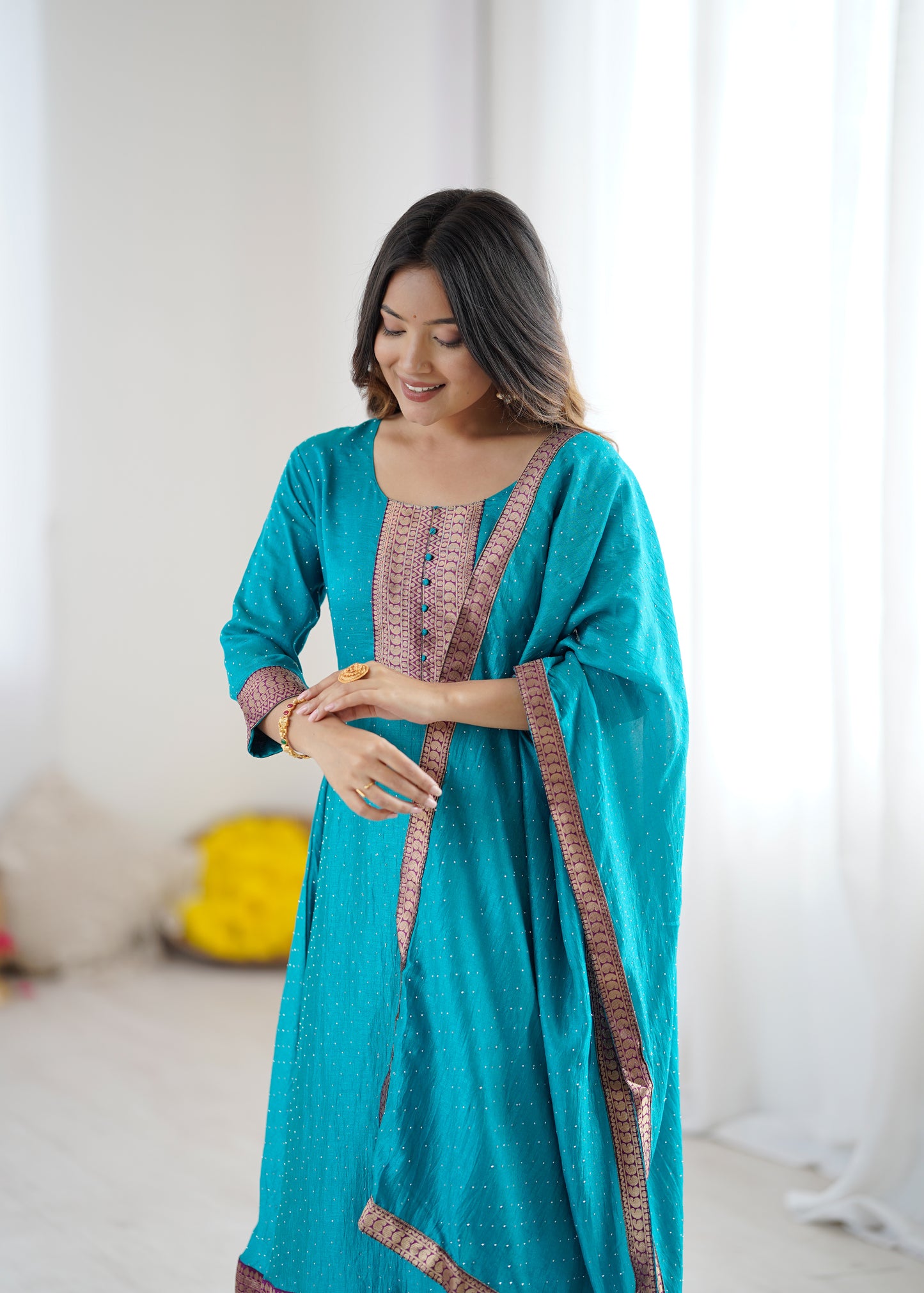 Premium Quality Sky Blue Bluming Vichitra fabric with Jacquard Weaving Lace Border Duptta Gown