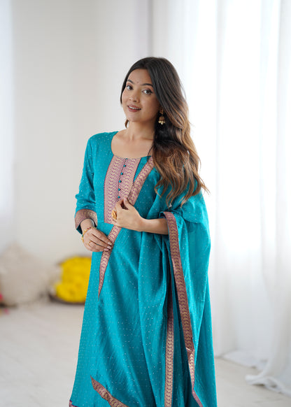 Premium Quality Sky Blue Bluming Vichitra fabric with Jacquard Weaving Lace Border Duptta Gown