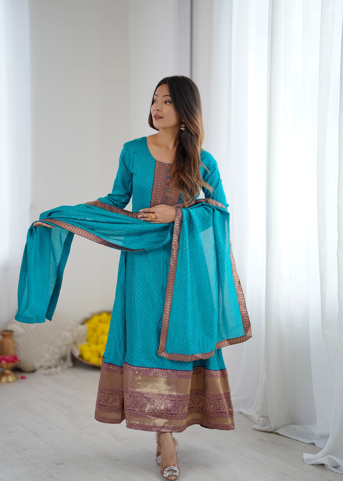 Premium Quality Sky Blue Bluming Vichitra fabric with Jacquard Weaving Lace Border Duptta Gown