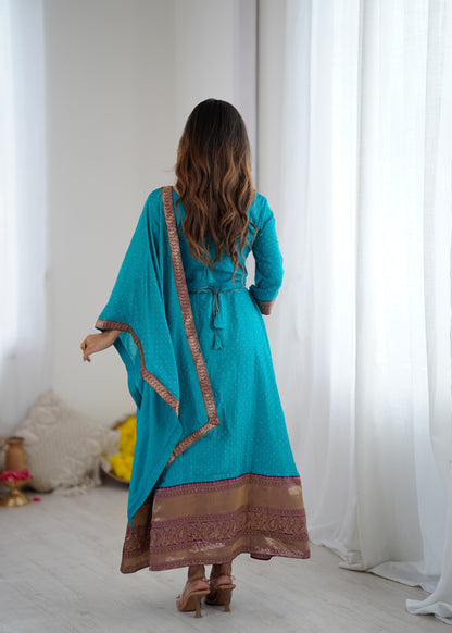 Premium Quality Sky Blue Bluming Vichitra fabric with Jacquard Weaving Lace Border Duptta Gown