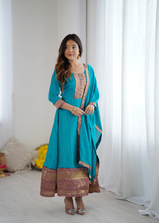 Premium Quality Sky Blue Bluming Vichitra fabric with Jacquard Weaving Lace Border Duptta Gown