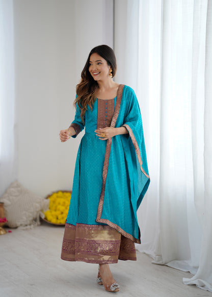 Premium Quality Sky Blue Bluming Vichitra fabric with Jacquard Weaving Lace Border Duptta Gown