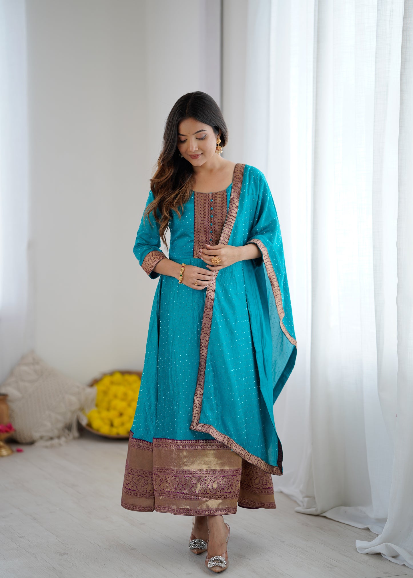 Premium Quality Sky Blue Bluming Vichitra fabric with Jacquard Weaving Lace Border Duptta Gown