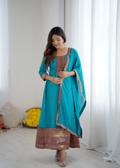 Premium Quality Sky Blue Bluming Vichitra fabric with Jacquard Weaving Lace Border Duptta Gown