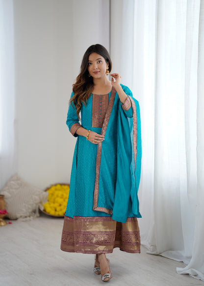 Premium Quality Sky Blue Bluming Vichitra fabric with Jacquard Weaving Lace Border Duptta Gown