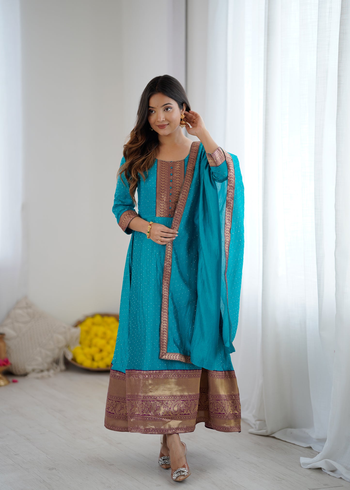 Premium Quality Sky Blue Bluming Vichitra fabric with Jacquard Weaving Lace Border Duptta Gown