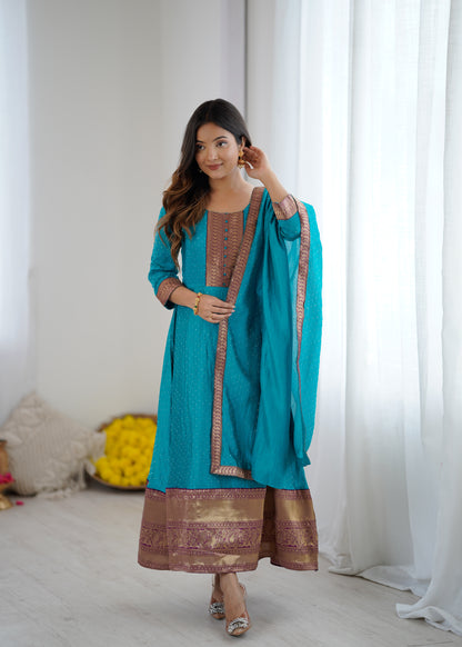 Premium Quality Sky Blue Bluming Vichitra fabric with Jacquard Weaving Lace Border Duptta Gown