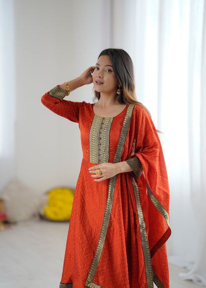 Premium Quality Orange Bluming Vichitra fabric with Jacquard Weaving Lace Border Duptta Gown