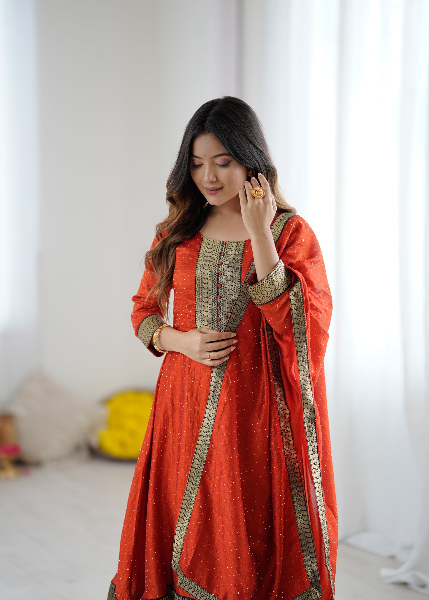 Premium Quality Orange Bluming Vichitra fabric with Jacquard Weaving Lace Border Duptta Gown