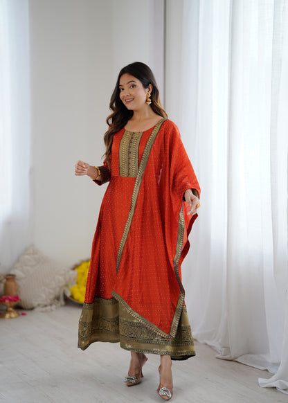 Premium Quality Orange Bluming Vichitra fabric with Jacquard Weaving Lace Border Duptta Gown