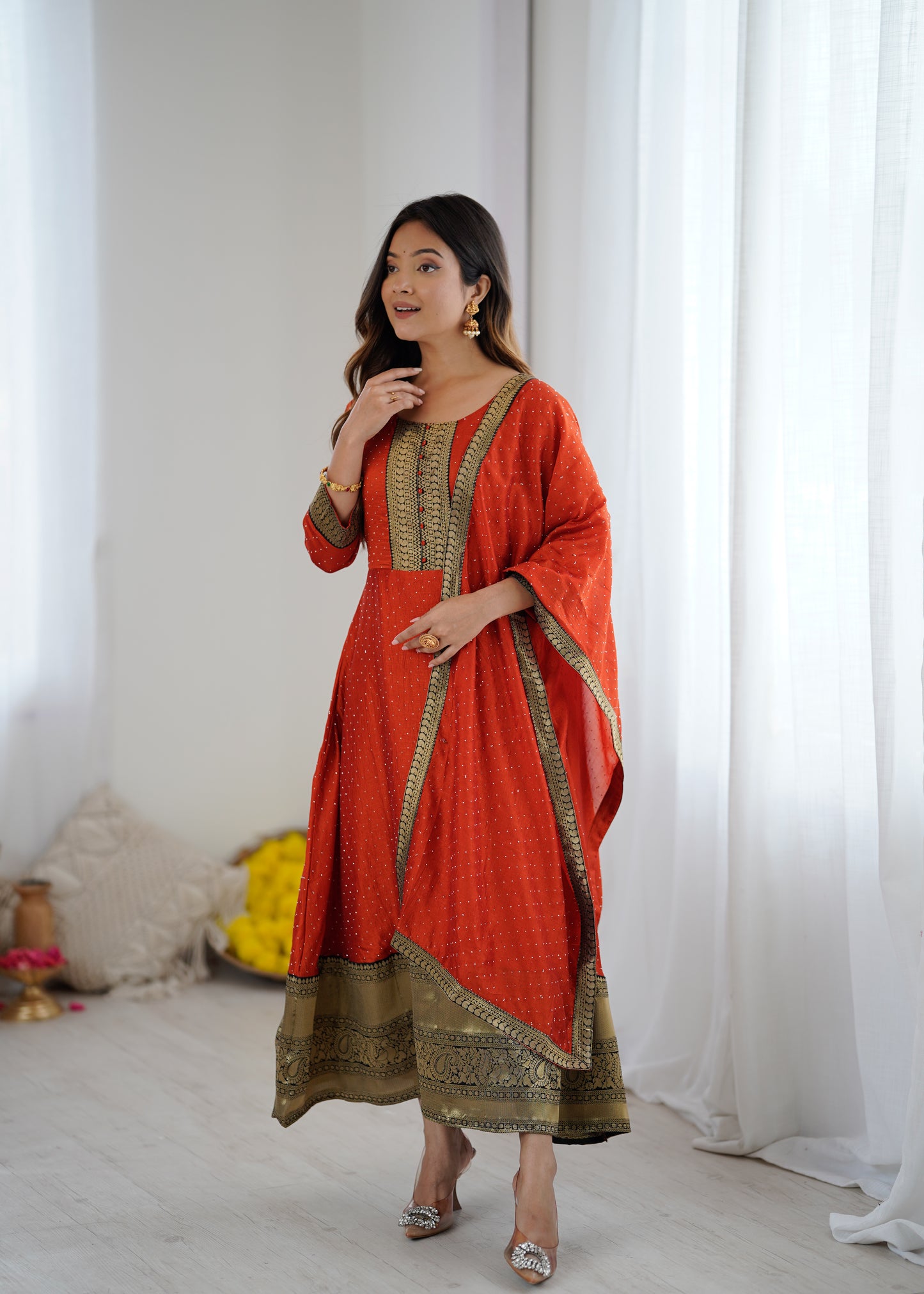 Premium Quality Orange Bluming Vichitra fabric with Jacquard Weaving Lace Border Duptta Gown