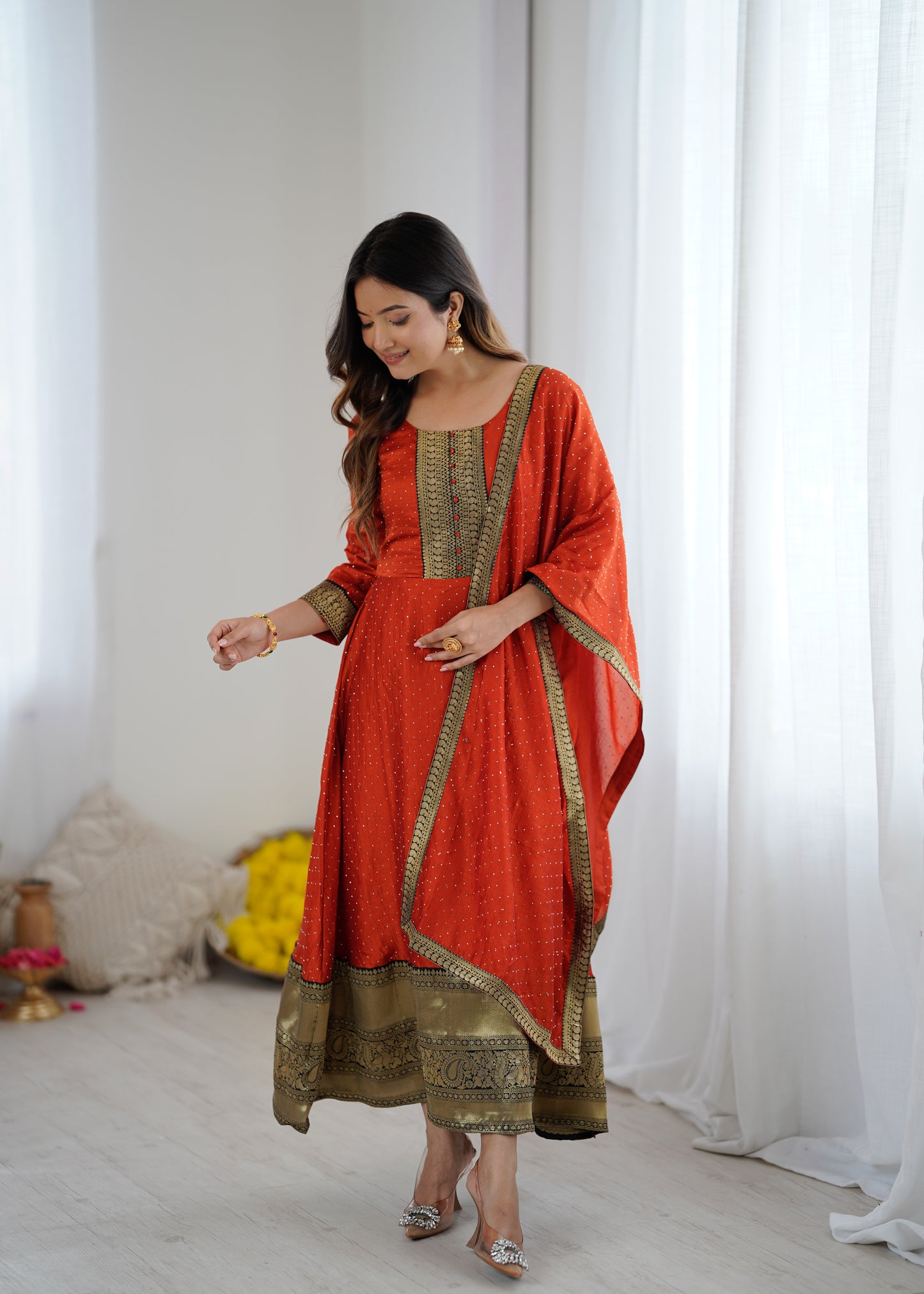 Premium Quality Orange Bluming Vichitra fabric with Jacquard Weaving Lace Border Duptta Gown
