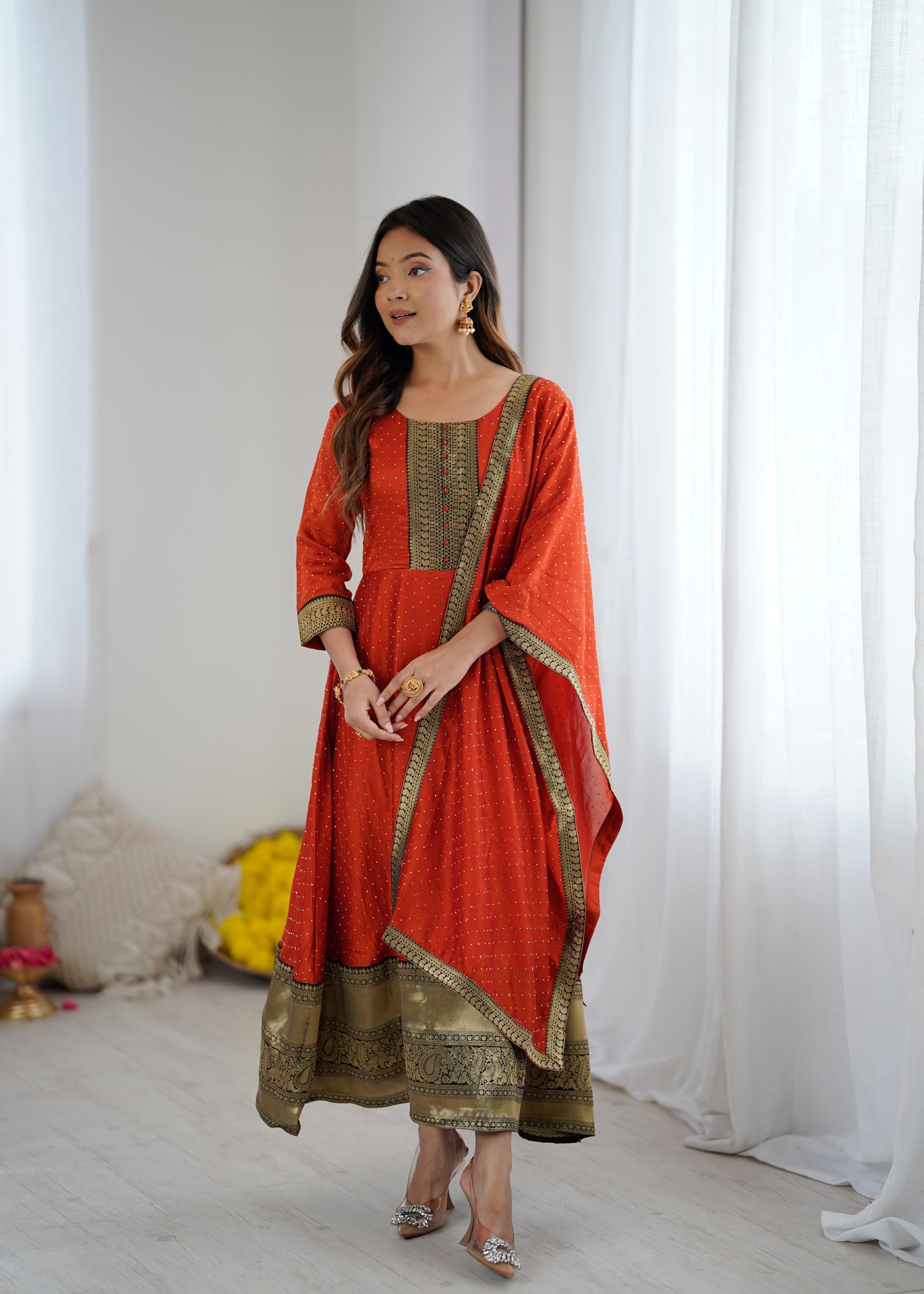 Premium Quality Orange Bluming Vichitra fabric with Jacquard Weaving Lace Border Duptta Gown