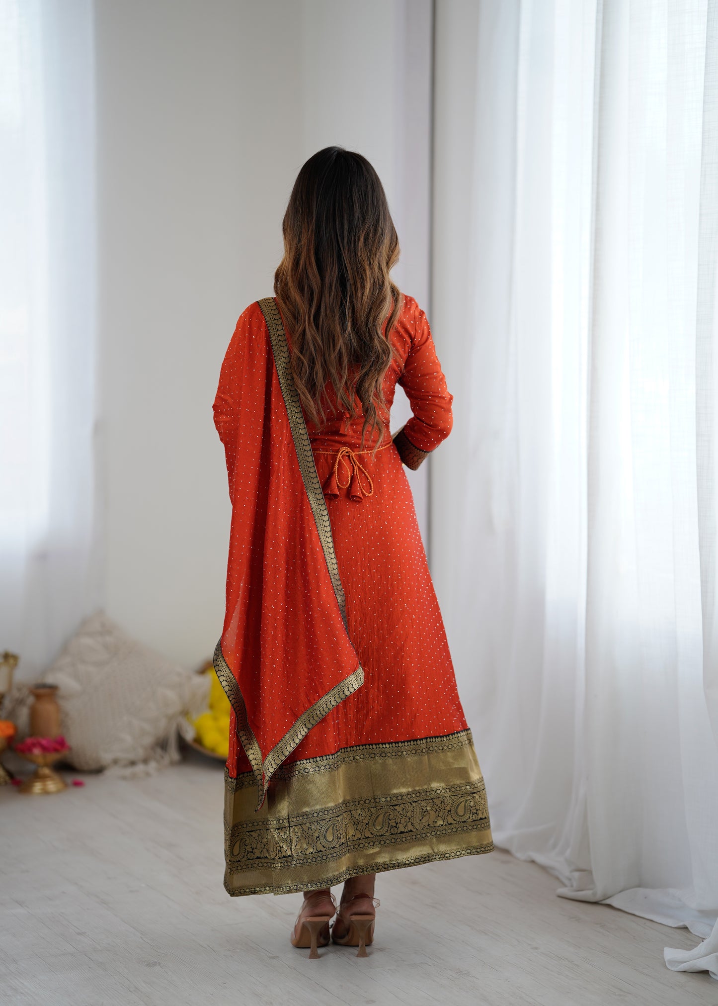 Premium Quality Orange Bluming Vichitra fabric with Jacquard Weaving Lace Border Duptta Gown