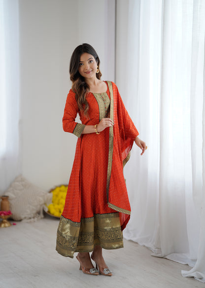 Premium Quality Orange Bluming Vichitra fabric with Jacquard Weaving Lace Border Duptta Gown