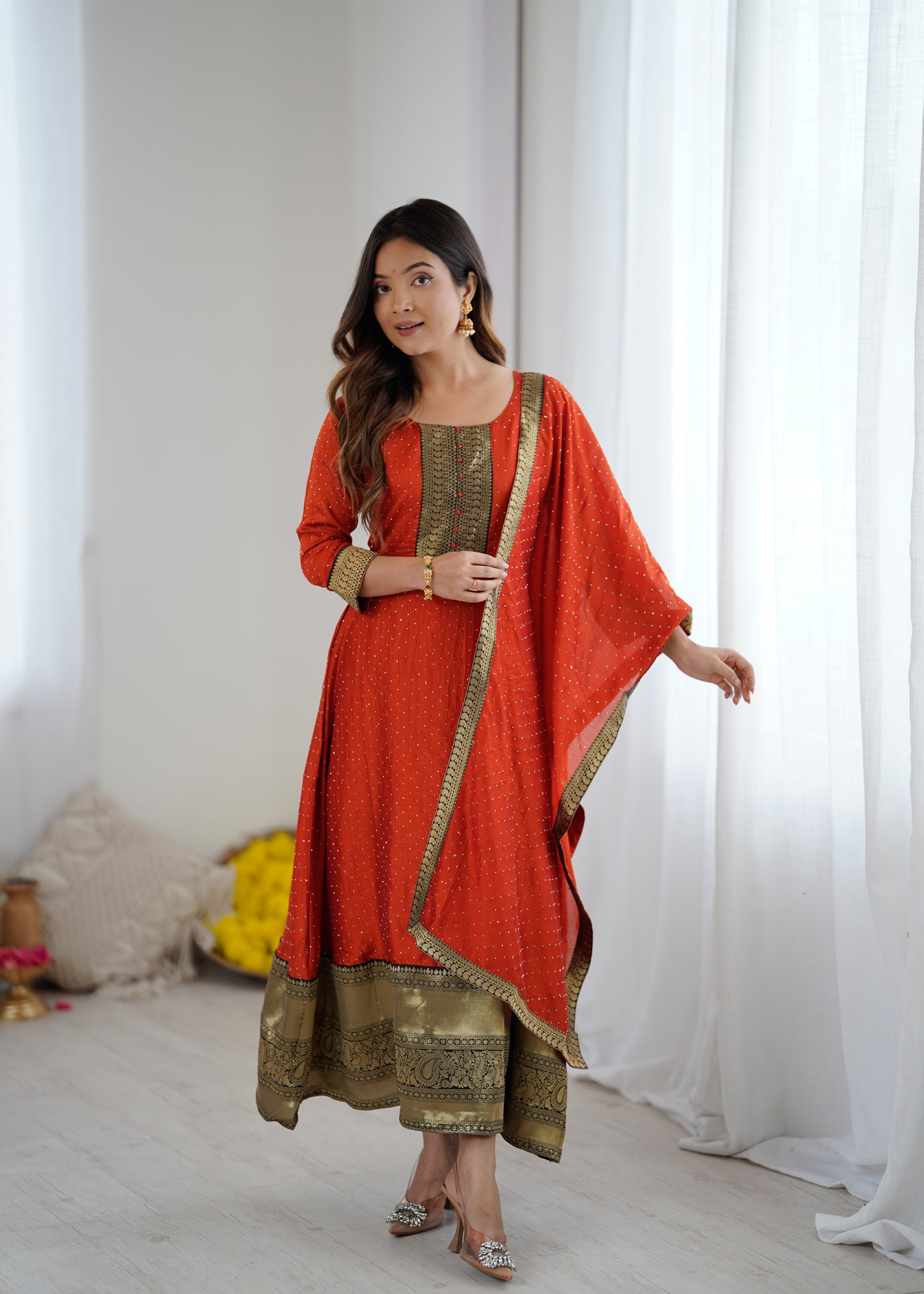 Premium Quality Orange Bluming Vichitra fabric with Jacquard Weaving Lace Border Duptta Gown