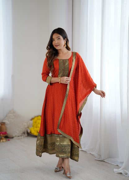 Premium Quality Orange Bluming Vichitra fabric with Jacquard Weaving Lace Border Duptta Gown