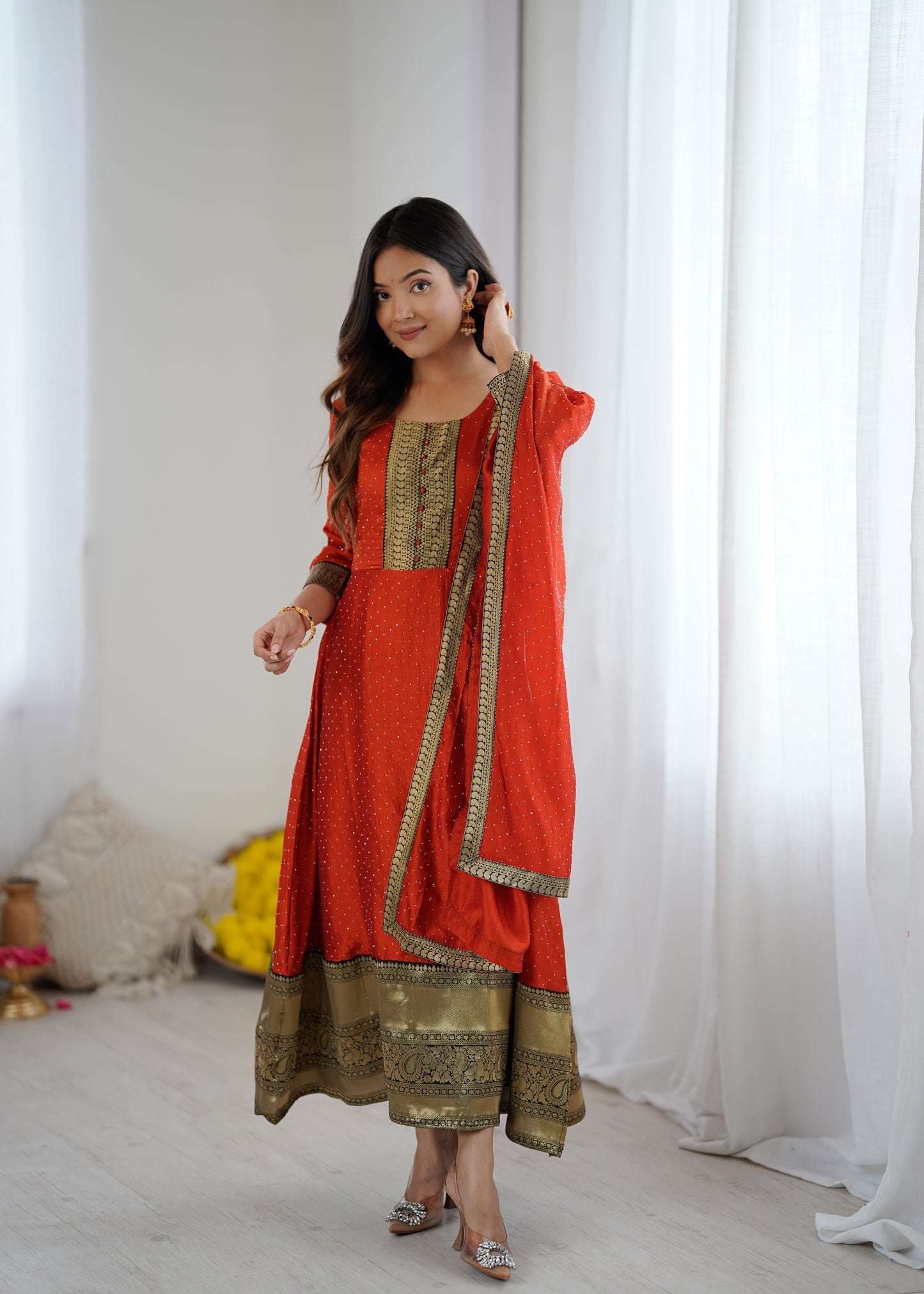 Premium Quality Orange Bluming Vichitra fabric with Jacquard Weaving Lace Border Duptta Gown