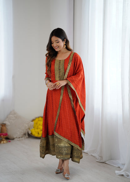 Premium Quality Orange Bluming Vichitra fabric with Jacquard Weaving Lace Border Duptta Gown