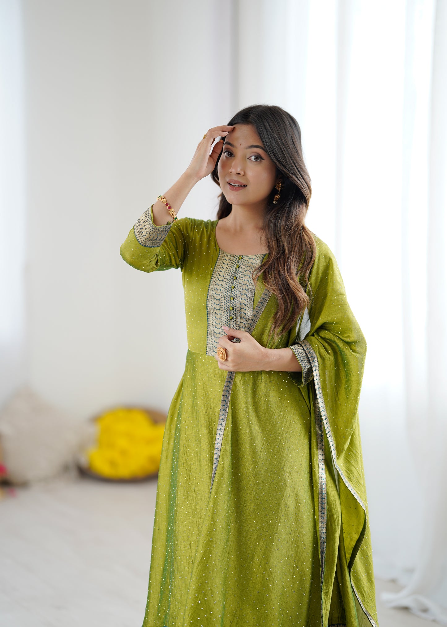 Premium Quality Bluming Vichitra fabric with Jacquard Weaving Lace Border Duptta Gown