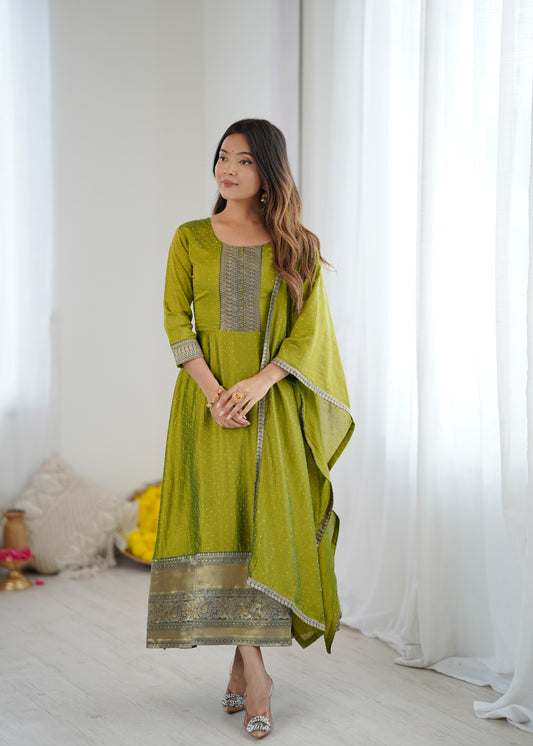 Premium Quality Bluming Vichitra fabric with Jacquard Weaving Lace Border Duptta Gown