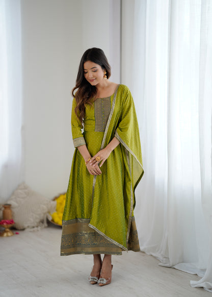 Premium Quality Bluming Vichitra fabric with Jacquard Weaving Lace Border Duptta Gown