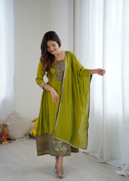 Premium Quality Bluming Vichitra fabric with Jacquard Weaving Lace Border Duptta Gown