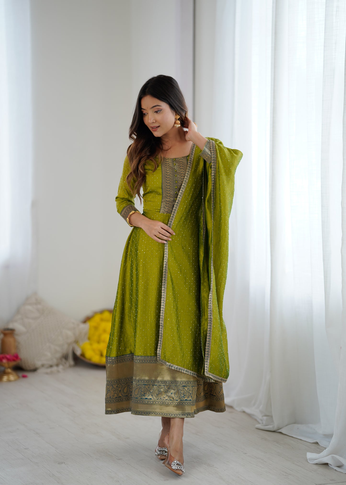 Premium Quality Bluming Vichitra fabric with Jacquard Weaving Lace Border Duptta Gown