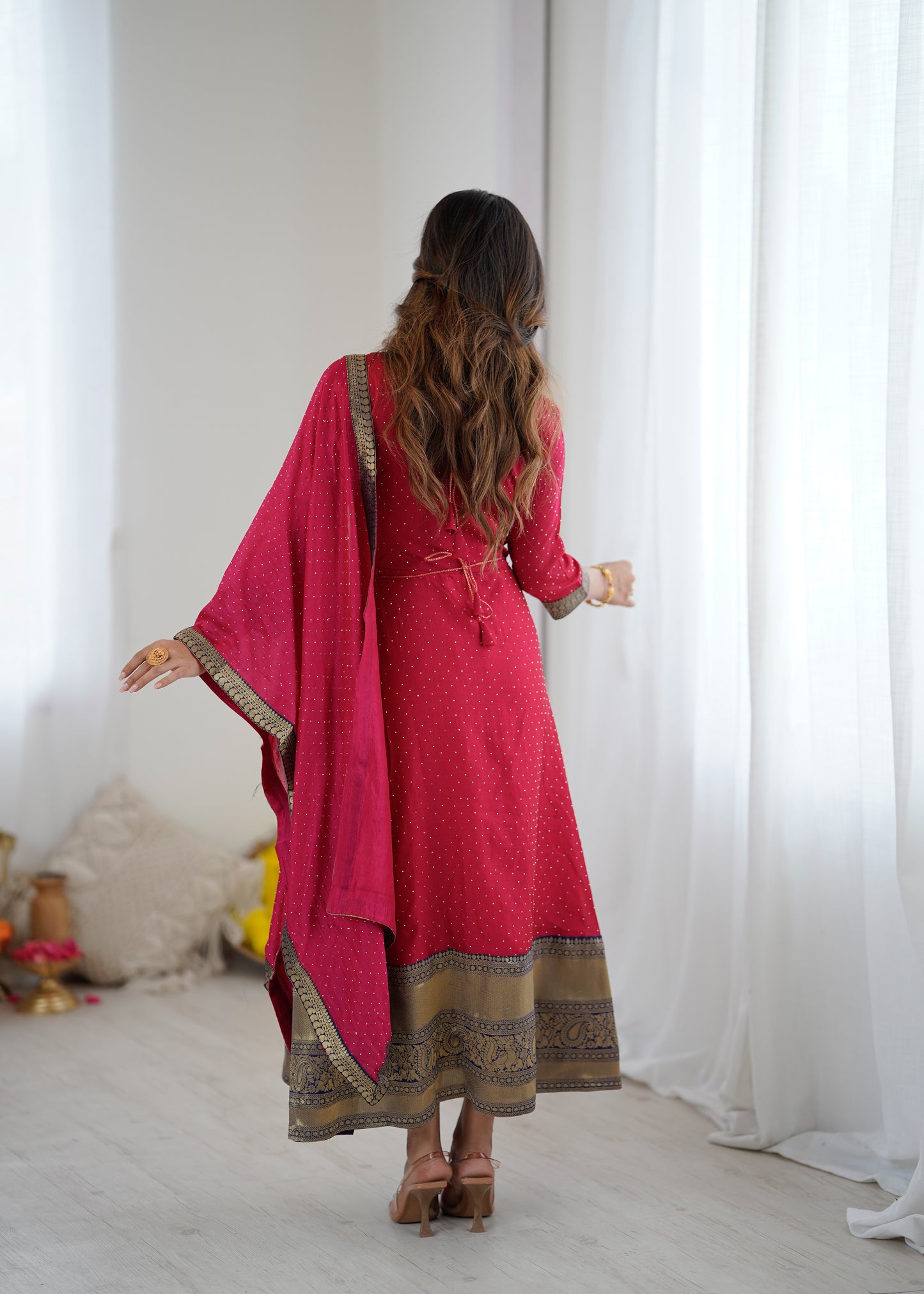 Premium Quality Pink Bluming Vichitra fabric with Jacquard Weaving Lace Border Duptta Gown