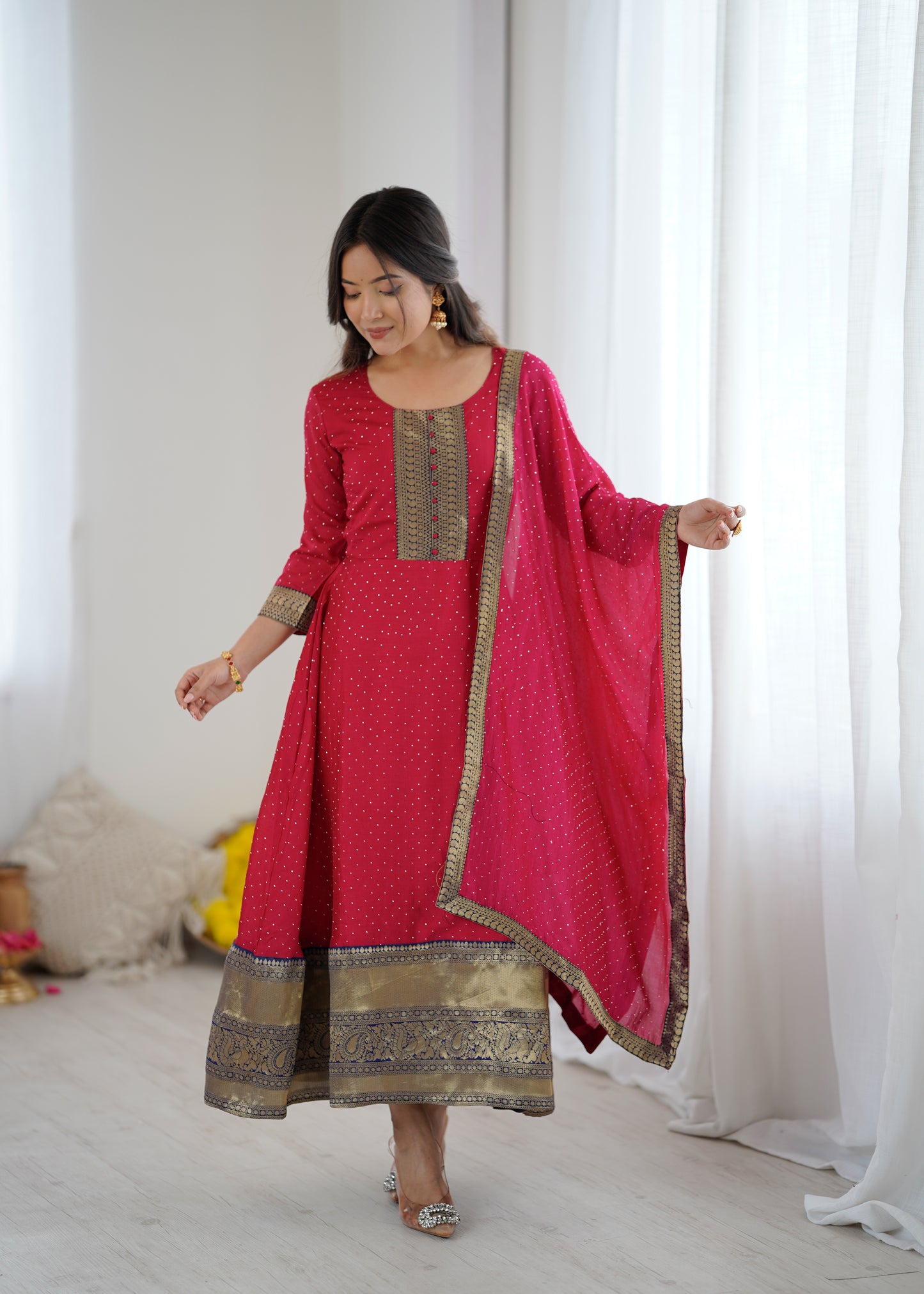 Premium Quality Pink Bluming Vichitra fabric with Jacquard Weaving Lace Border Duptta Gown