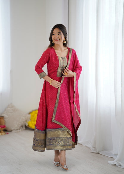 Premium Quality Pink Bluming Vichitra fabric with Jacquard Weaving Lace Border Duptta Gown