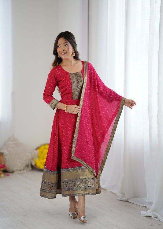 Premium Quality Pink Bluming Vichitra fabric with Jacquard Weaving Lace Border Duptta Gown