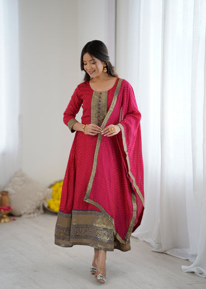 Premium Quality Pink Bluming Vichitra fabric with Jacquard Weaving Lace Border Duptta Gown