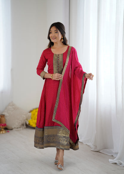 Premium Quality Pink Bluming Vichitra fabric with Jacquard Weaving Lace Border Duptta Gown