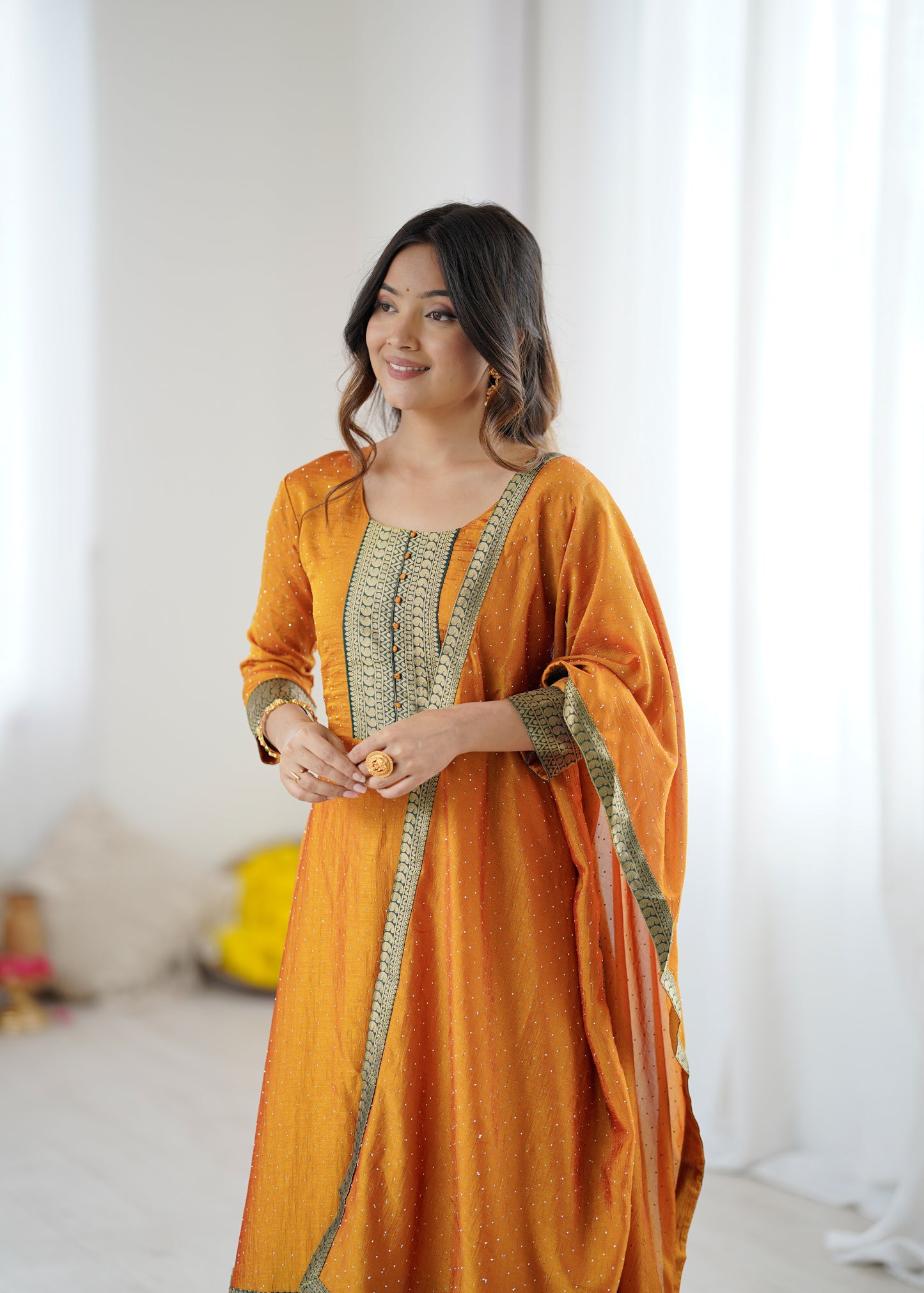 Premium Quality Yellow Bluming Vichitra fabric with Jacquard Weaving Lace Border Duptta Gown